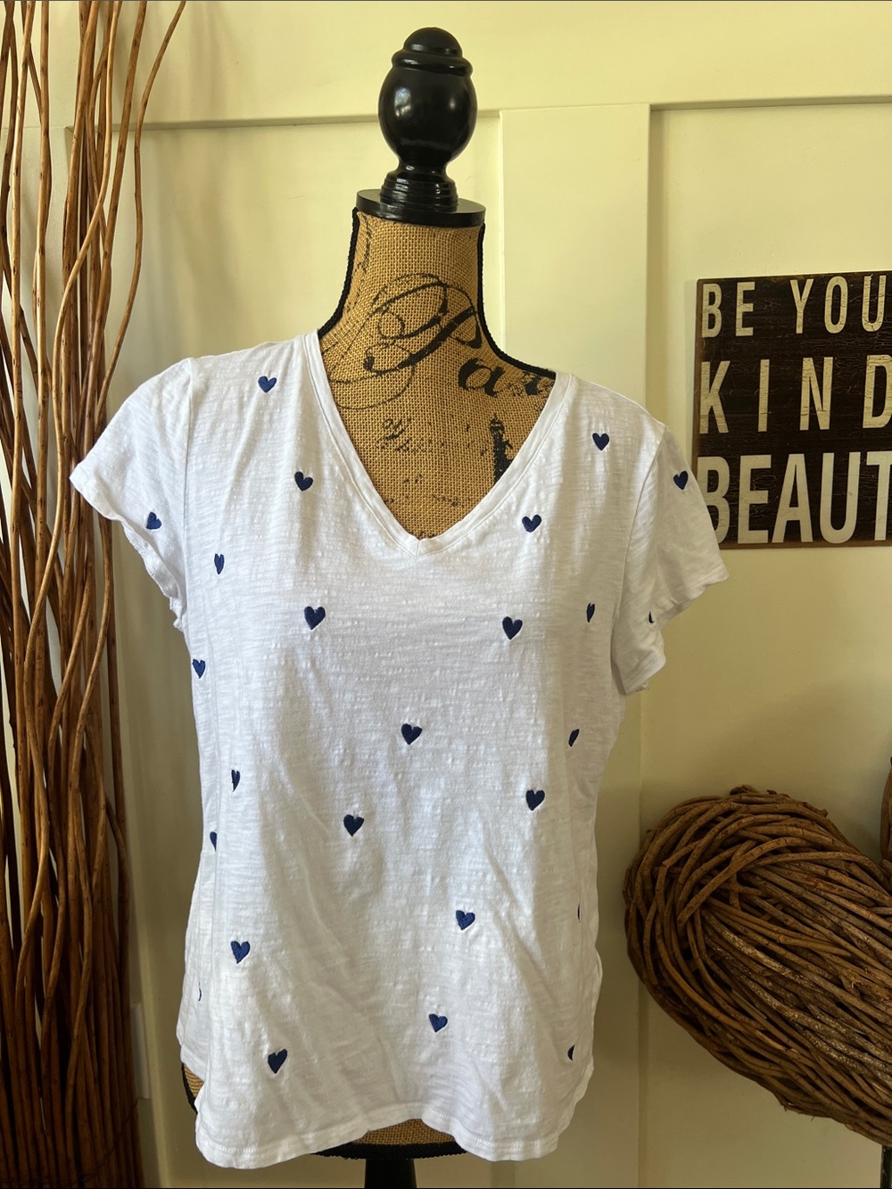 Cynthia Rowley White V-Neck Tee with Navy Heart Print